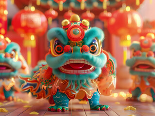 Fototapeta premium Colorful illustration with attributes of Chinese New Year celebration. Neural network AI generated art
