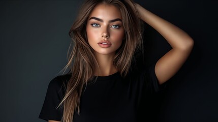 A woman with long brown hair and blue eyes posing for a picture