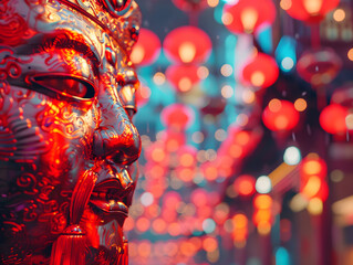 Fototapeta premium Colorful illustration with attributes of Chinese New Year celebration. Neural network AI generated art