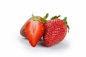 Fresh ripe strawberry covered with milk chocolate isolated on white