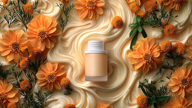 A white bottle of skincare cream with orange accents, photographed in a clean, innovative page design layout.