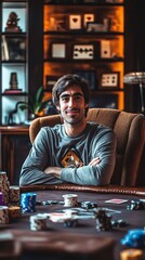 A man sitting at a table with poker chips on it