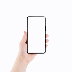 female teen hand holding smartphone with blank screen isolated