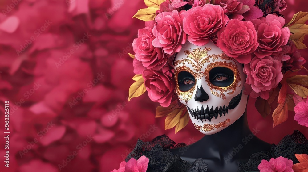 Wall mural Elegant Halloween fashion show with pink gold Catrina, lace skull mask and floral gown, 3D illustration