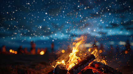 Enchanting Fire Dance: Vibrant Flames Against Starry Night Sky with Out-of-Focus Dancers, Copy Space Below for Text/Graphics