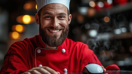 A man in a chef's hat sitting at a table with a mouse