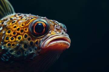 Fototapeta premium Mystic portrait of Freshwater Pufferfish in studio, isolated on black background