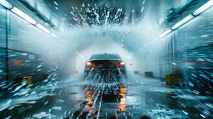 Sparkling Clean: Car Entering Vibrant Car Wash with Foamy Brushes and Water Spraying - Ideal for Advertisements and Promotions
