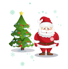 Happy new year santa and christmas  tree, snow, snowflakes
