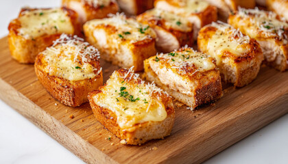 A wooden platter filled with deliciously baked cheese-topped bread slices, garnished with herbs.