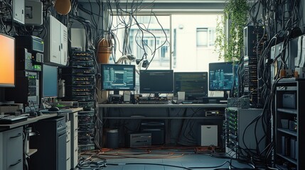 Server Room with Messy Cables and Technology