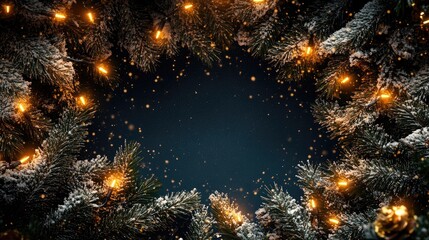 Snowy Pine Branches with Warm Lights, Holiday Background for Christmas or Winter