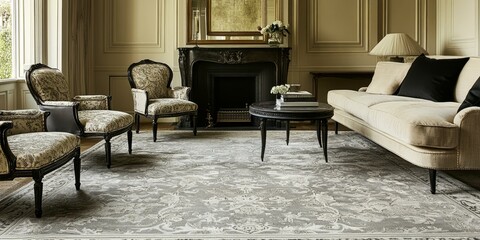 Elegant living room with patterned rug and furniture.
