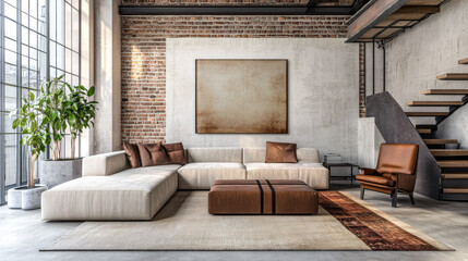 Obraz premium Luxury apartment living room with rustic mood, warm ambiance and natural window lighting. Modern industrial Real Estate interior design composition