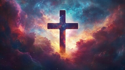 Fototapeta premium A cross-shaped silhouette stands out against a vibrant backdrop of a celestial nebula, symbolizing faith and hope in the vastness of space.