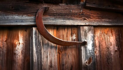 A rusted sickle hanging on the wall of a decrepit barn