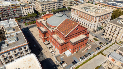 Aerial view of the Petruzzelli Theatre in Bari, Puglia, Italy. It is the largest theatre in the city and is located in the historic centre of the Apulian city.