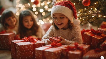 Excited children opening Christmas gifts under the tree at a family reunion, twinkling lights and decorations, holiday joy, Christmas excitement