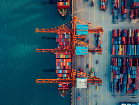 Cargo ship with containers unloading at the berth of the cargo port. Neural network AI generated art