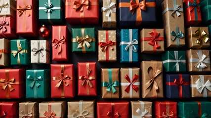 A backdrop of numerous Christmas presents. generative ai