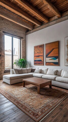 Luxury apartment living room with rustic mood, warm ambiance and natural window lighting. Modern industrial Real Estate interior design composition