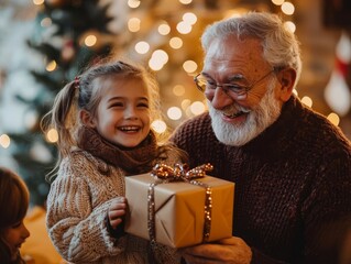 Grandparents gifting grandchildren during Christmas reunion, warm smiles and laughter in a festive setting, family love, Christmas gifting