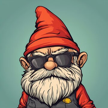 A cartoon illustration of a grumpy gnome wearing sunglasses and a red hat.