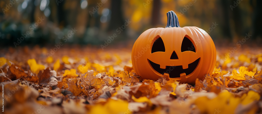 Fototapete happy halloween banner or party invitation background with clouds, bats and pumpkins in paper cut st