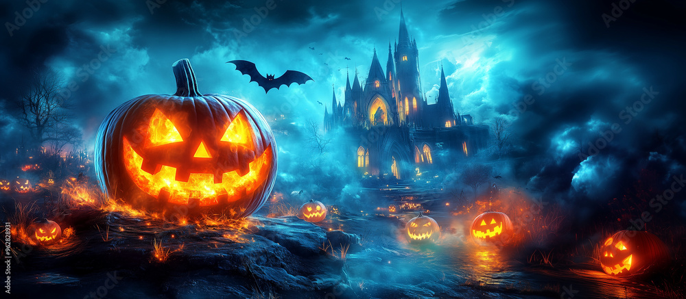 Fototapete happy halloween banner or party invitation background with clouds, bats and pumpkins in paper cut st