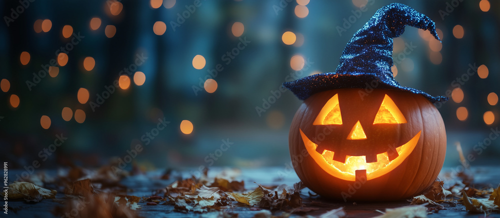 Fototapete happy halloween banner or party invitation background with clouds, bats and pumpkins in paper cut st