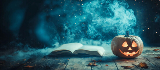 Happy Halloween banner or party invitation background with clouds, bats and pumpkins in paper cut style. Vector illustration. Full moon in orange sky, spiders web and witch cauldron. Place for text