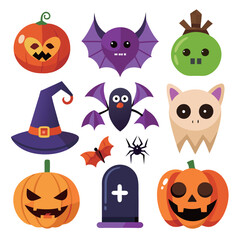 Flat halloween element collection on white background