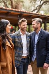 Fototapeta premium Three men stand in a park discussing something while wearing blue plaid jackets. The setting features a wooden pavilion and trees creating a serene atmosphere. People engage in conversation outdoors.