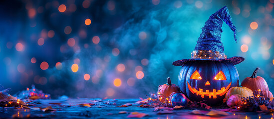 Happy Halloween banner or party invitation background with clouds, bats and pumpkins in paper cut style. Vector illustration. Full moon in orange sky, spiders web and witch cauldron. Place for text