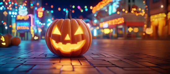 Happy Halloween banner or party invitation background with clouds, bats and pumpkins in paper cut style. Vector illustration. Full moon in orange sky, spiders web and witch cauldron. Place for text