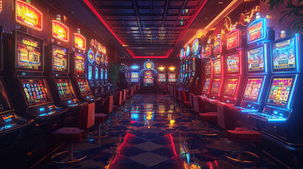 A bustling casino hall filled with slot machines and a roulette table, creating an atmosphere of excitement and luxury, suitable for entertainment and leisure purposes.