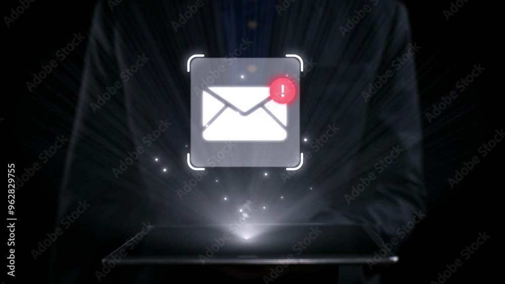 Poster business person checking email inbox, organizing and prioritizing messages for better productivity. 