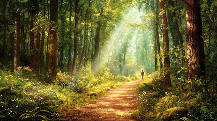 Obraz premium morning in the forest, Hiking in the beautiful natural forest