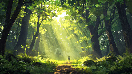 Obraz premium morning in the forest, Hiking in the beautiful natural forest