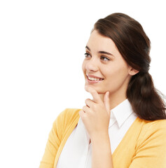 Fototapeta premium Studio, thinking and woman with smile, planning and ideas of lesson, teacher and professional for education. White background, mockup and contemplating of person, knowledge and curriculum in school