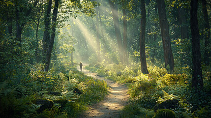 Obraz premium morning in the forest, Hiking in the beautiful natural forest