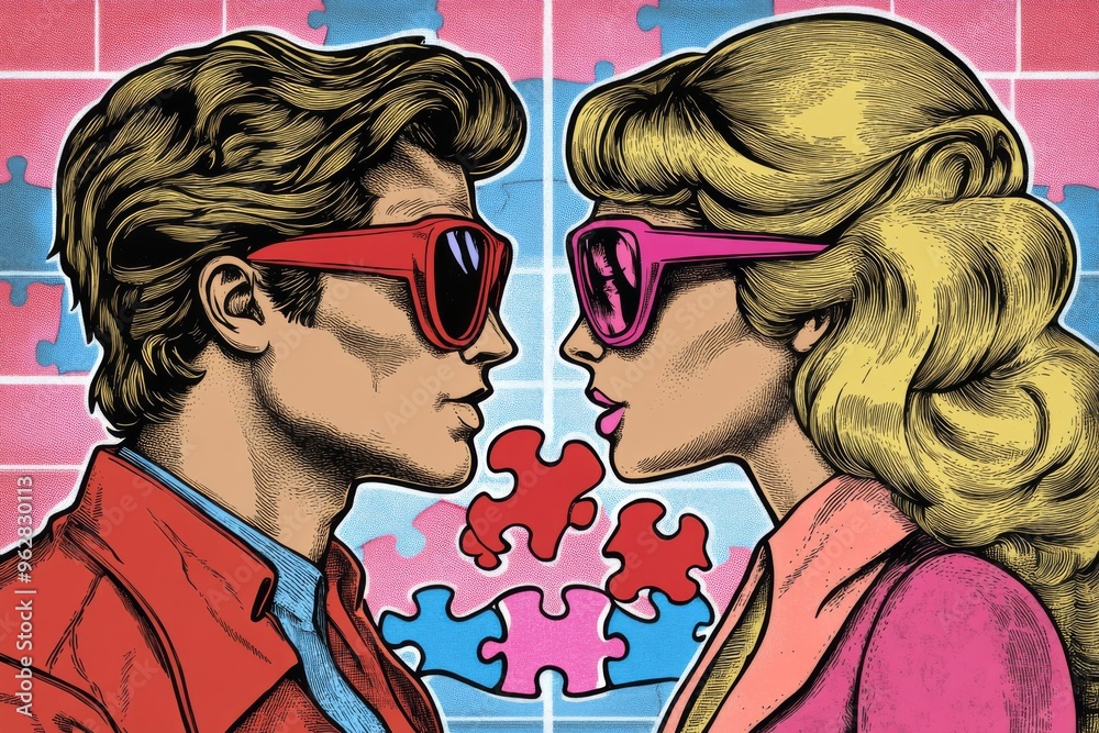 Canvas Prints Future brain technology Brain connectivity Pop art style illustration of a couple with colorful puzzle brains symbolizing love intellectual connection and shared thoughts