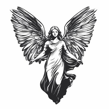 recommend clip art: A detailed line drawing illustration of an angel with wings outstretched, rendered in black and white.