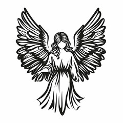 Obraz premium Black and white illustration of an angel with large wings.