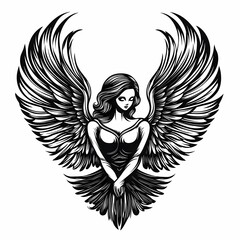 Obraz premium A black and white illustration of an angel with large wings, looking down.