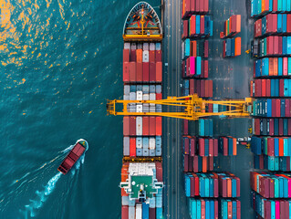 Cargo ship with containers unloading at the berth of the cargo port. Neural network AI generated art