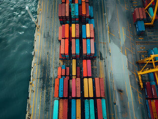 Cargo ship with containers unloading at the berth of the cargo port. Neural network AI generated art