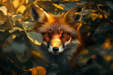 Fototapeta premium Vibrant Fox Portrait Peering Through Lush Foliage with Piercing Amber Eyes