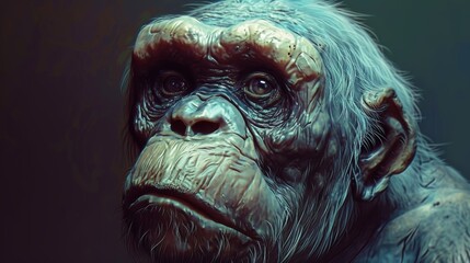 A realistic close-up of a chimpanzee's face, highlighting its textured skin and expressive eyes. The image captures the chimpanzee's contemplative expression and detailed features, emphasizing its