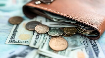 Detailed shot of a wallet overflowing with cash and coins, sharp focus on textures, cashflow balance, savings concept
